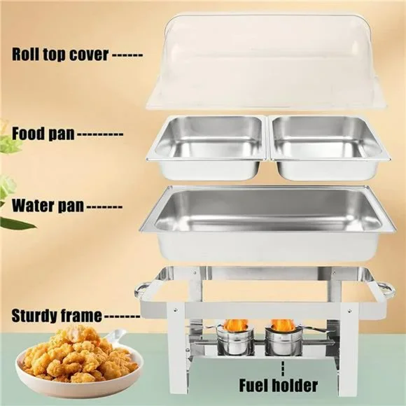Roll Top Chafing Dish Chafers Stainless Steel Buffet Warmer Set, Rectangular
